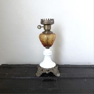 Vintage Amber Glass Electric Hurricane Table Lamp w/ Milk Glass & Metal Base
